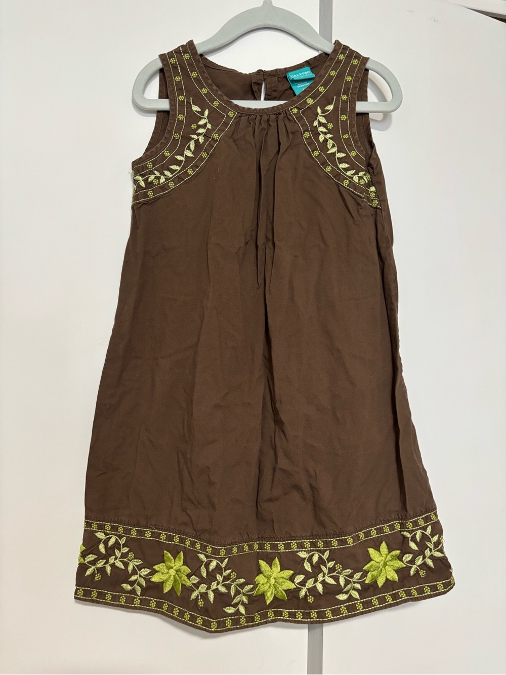 Y2K Calypso 5T Brown Embroidered Sleeveless Kids Dress